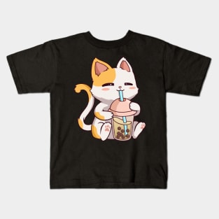 Boba Tea Bubble Cat Kawaii Neko Anime Cute Cat Boba Kids T-Shirt